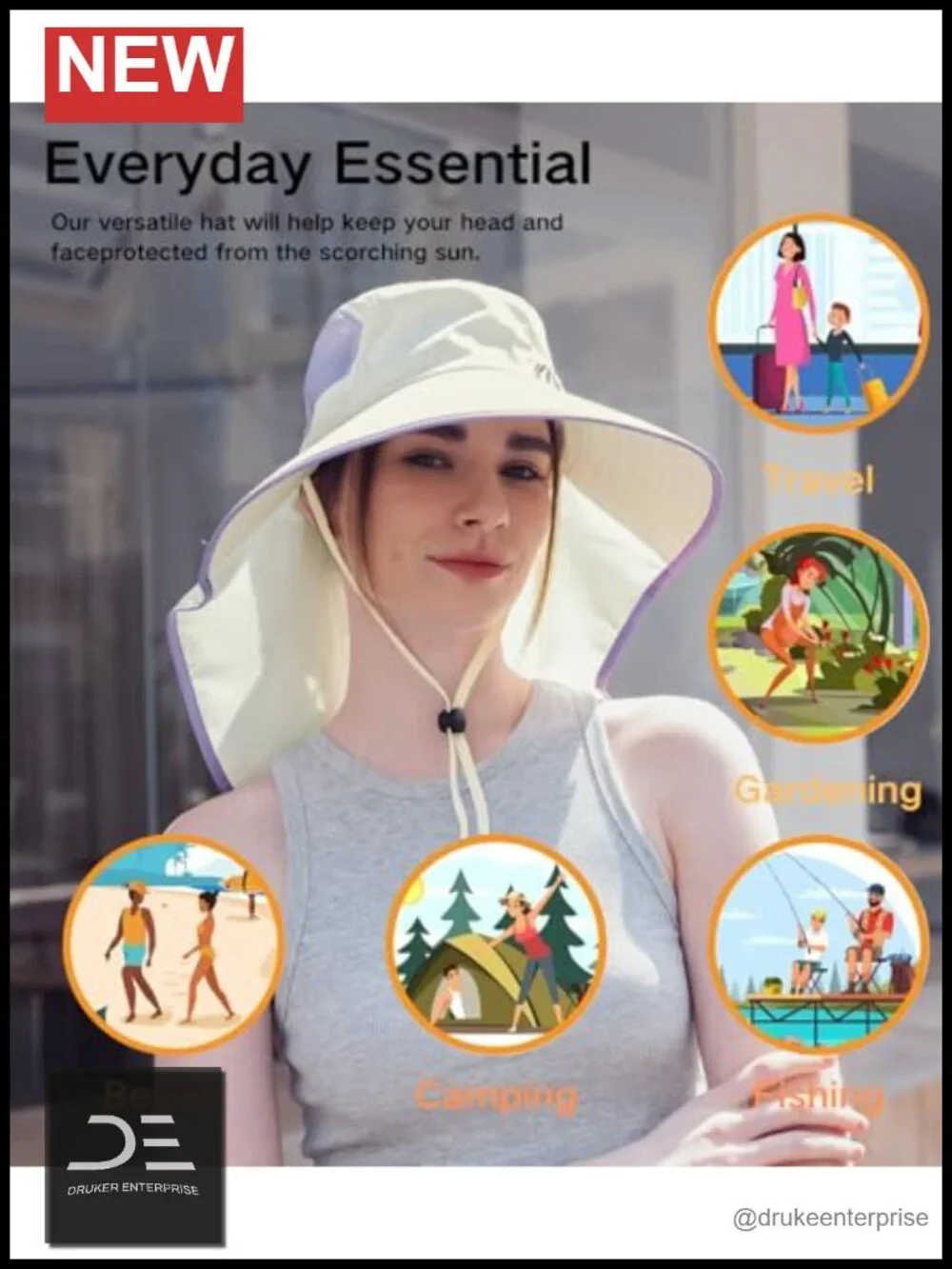 UPF 50+ Wide Brim Sun Hat with Ponytail Hole Water Resistant Foldable